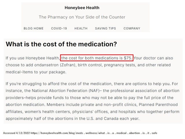 Abortion pill pharmacy Honeybee Health charges $75 for abortion pill Image: Abortion pill pharmacy Honeybee Health charges $75 for abortion pill