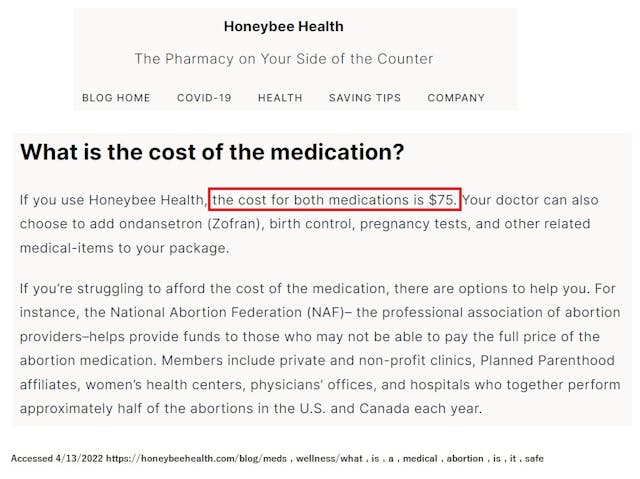 Image: Abortion pill pharmacy Honeybee Health charges $75 for abortion pill