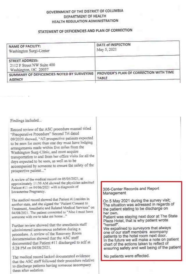 May 2021 Inspection of Washington Surgi abortion clinic patient stayed at hotel Image: May 2021 Inspection of Washington Surgi abortion clinic patient stayed at hotel