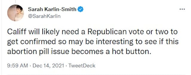 Tweet Sarah Karlin Smith on whether abortion pill will sabotage Robert Califf nomination to FDA (Image: Twitter) Image: Tweet Sarah Karlin Smith on whether abortion pill will sabotage Robert Califf nomination to FDA (Image: Twitter)