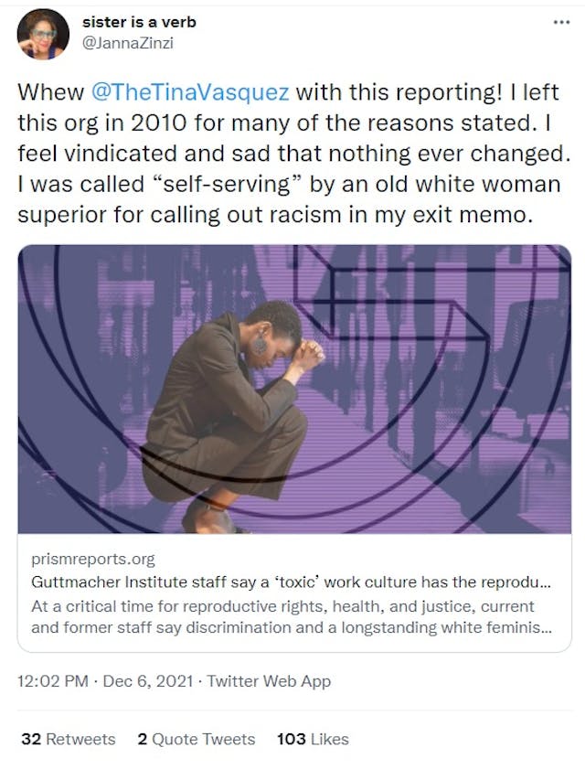 Former Guttmacher Institute staffer confirms allegations of toxic work environment (Image: Twitter) Image: Former Guttmacher Institute staffer confirms allegations of toxic work environment (Image: Twitter)