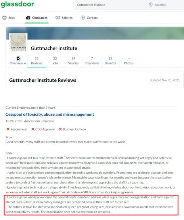Glassdoor review of Guttmacher Institute claims toxic and abusive and racist work environment Image: Glassdoor review of Guttmacher Institute claims toxic and abusive and racist work environment