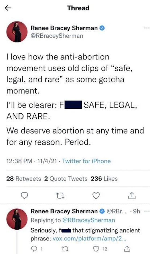 Safe, Legal, Rare abortion rant (Image Renee Bracey Sherman Twitter) ‘Safe, legal, and rare’ has been replaced by ‘taxpayer funded, anytime, for any reason’ image