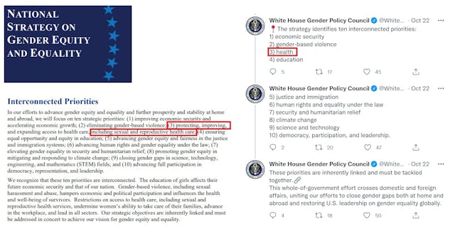 Image: Biden Harris National strategy on Gender Equity and Equality v message on Twitter which left off abortion