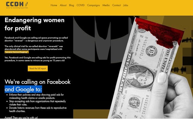 Image: Center for Countering Digital Hate report "Endangering Women for Profit" attacks Live Action and Abortion Pill Reversal (APR)