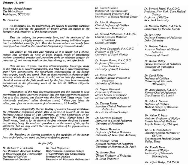 Image: ACOG past presidents 1984 letter to Ronald Reagan validating fetal pain
