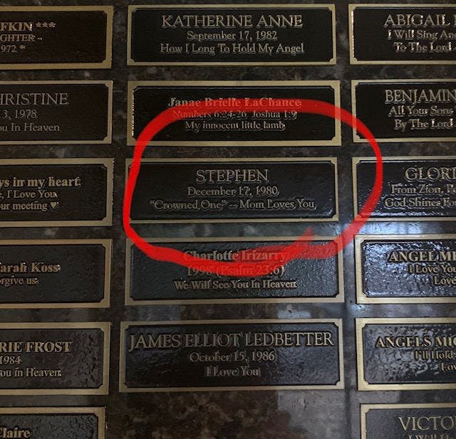 The author’s memorial plaque for her son Stephen. The author’s memorial plaque for her son Stephen.