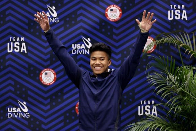 INDIANAPOLIS, INDIANA – JUNE 12: Jordan Windle celebrates after finishing second in the men’s 10-meter platform final during 2021 U.S. Olympic Trials – Diving – Day 7 at Indiana University Natatorium on June 12, 2021 in Indianapolis, Indiana. (Photo by Dylan Buell/Getty Images) Adopted at 18 months from a Cambodian orphanage, Jordan Windle is now an Olympic diver image