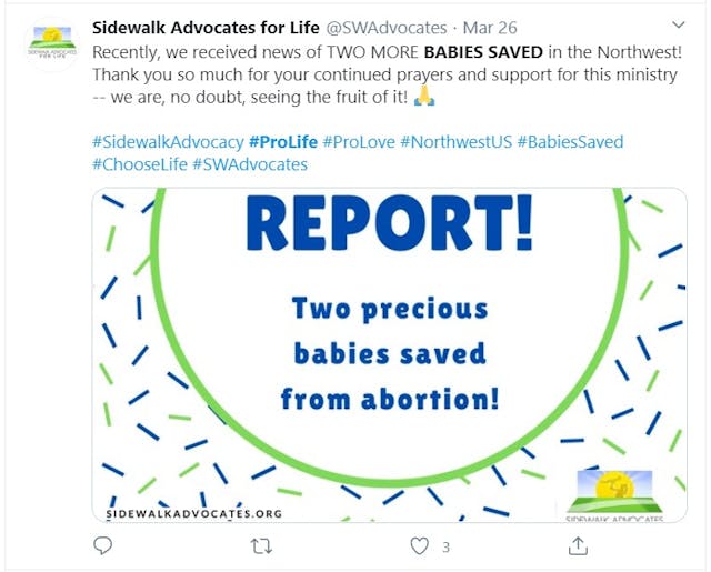 Sidewalk Advocates for Life babies saved (Image: Twitter) Image:Sidewalk Advocates for Life babies saved (Image: Twitter)