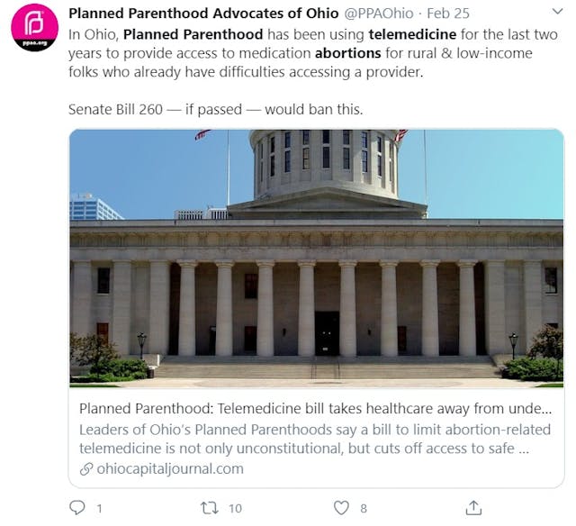 Image: Planned Parenthood telemedicine for abortion in Ohio (Image: Twitter)