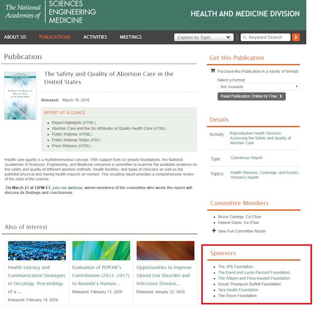 Image: Abortion Safety report by National Academies of Sciences funded by abortion philanthropists Packard Buffett