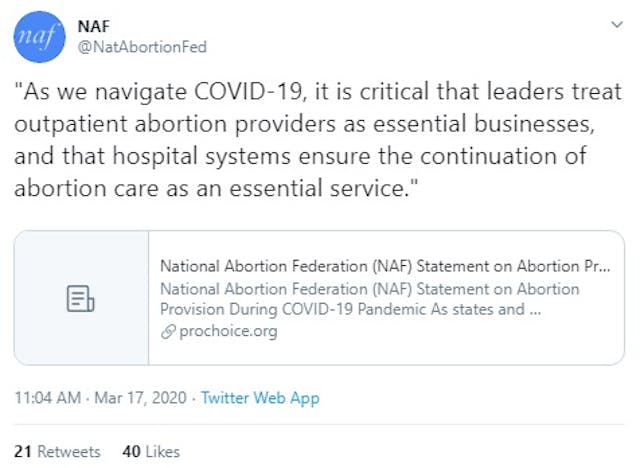 NAF abortion essential after COVID19 (Image: Twitter) Image: NAF abortion essential after COVID19 (Image: Twitter)