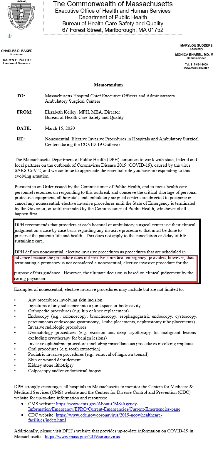 Image: Mass Gov abortion not nonessential elective abortion COVID19