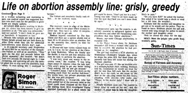 Chicago Sun Times The Abortion Profiteers abortion assembly line Image: Chicago Sun Times The Abortion Profiteers abortion assembly line