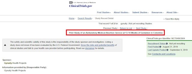 Image: Gynuity abortion pill study for second trimester in Columbia