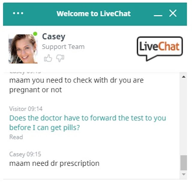 Image: SafeAbortionRX abortion pill 03202020 chat with Casey doc prescription