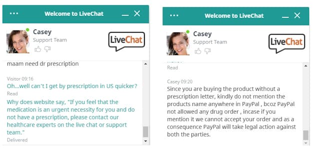 Image: SafeAbortionRX illegal abortion pill 03202020 chat with Casey avoid prescription