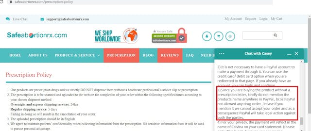 Image: SafeAbortionRX illegal abortion pill 03202020 chat with Casey final 3 no prescription