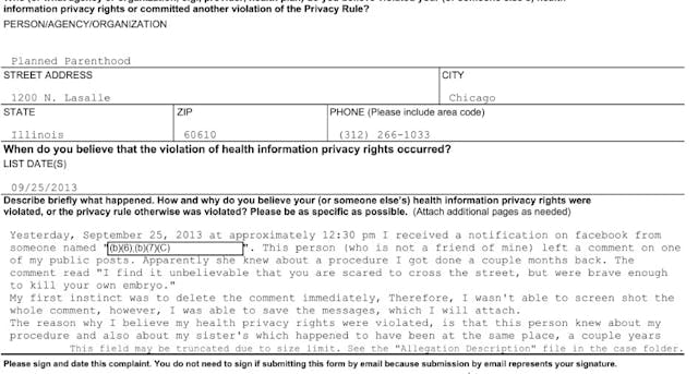 Image: 2013 Complaint against Planned Parenthood Chicago, Illinois alleging PP staffer shared medical information (Image: Office of Civil Rights)