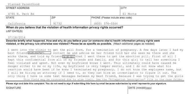 Image: 2014 privacy complaint Planned Parenthood El Monte Ca (Image: OCR)