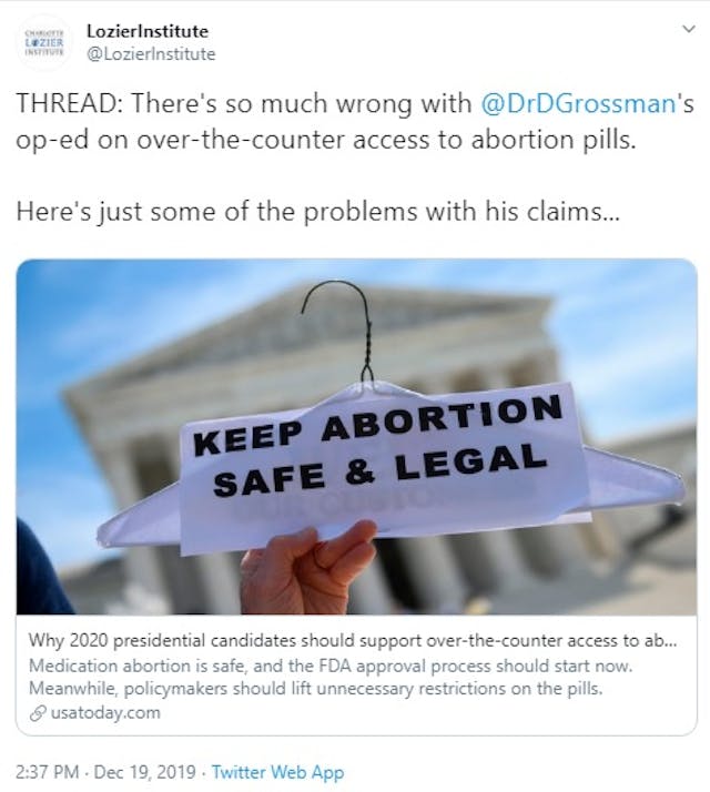 Lozier responds to Dan Grossman oped on self managed abortion (Image: Twitter) Image: Lozier responds to Dan Grossman oped on self managed abortion (Image: Twitter)