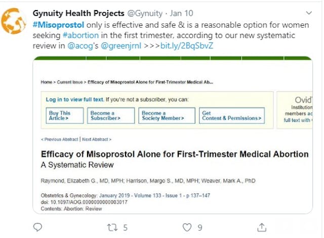 Image: Gynuity Tweets Misoprostol only review in Green Journal for abortion (Image: Twitter)
