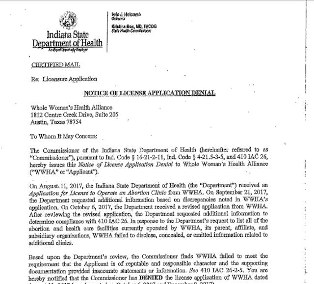Whole Women’s Health Indiana DOH health letter denies license Image: Whole Women's Health Indiana DOH health letter denies license