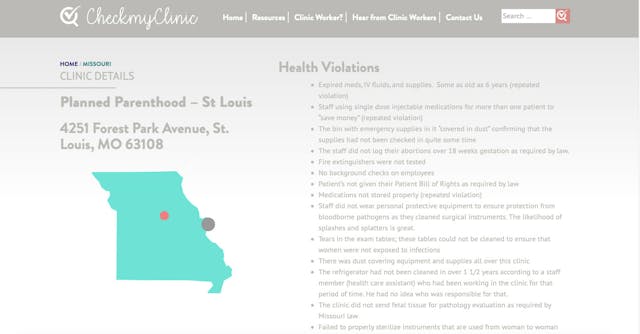 Screenshot: CheckMyClinic.org – violations at St. Louis PP Missouri Planned Parenthood that injured 74 women kept open by judge image