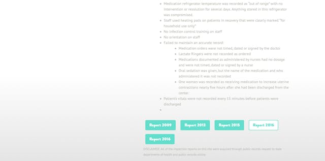 Screenshot, CheckMyClinic.org – violations from St. Louis PP Missouri Planned Parenthood that injured 74 women kept open by judge image