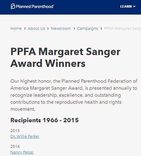Image: Planned Parenthood Margaret Sanger Award last issued 2015 (Image PPFA website May 13, 2019)
