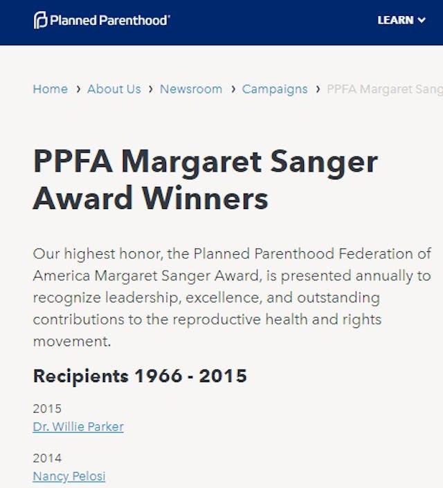 Planned Parenthood Margaret Sanger Award last issued 2015 (Image PPFA website May 13, 2019) Image: Planned Parenthood Margaret Sanger Award last issued 2015 (Image PPFA website May 13, 2019)