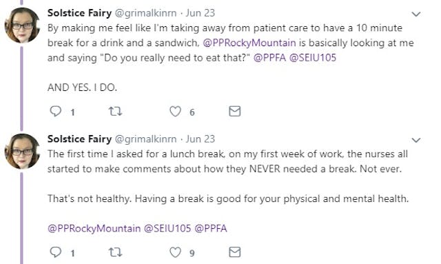 Image: Planned Parenthood of Rocky Mountains staffer complains she doesn't get lunch breaks (Image: Twitter)