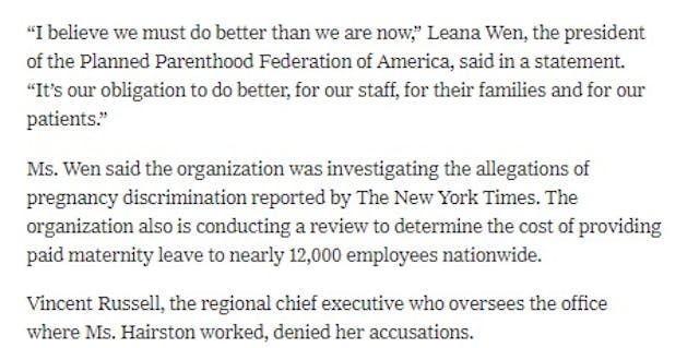 Excerpt of NYTs article on how Planned Parenthood treats pregnant employees Image: Excerpt of NYTs article on how Planned Parenthood treats pregnant employees