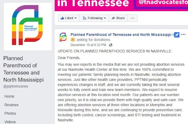 Planned Parenthood Nashville suspends abortion (Image: Facebook) Image: Planned Parenthood Nashville suspends abortion (Image: Facebook)