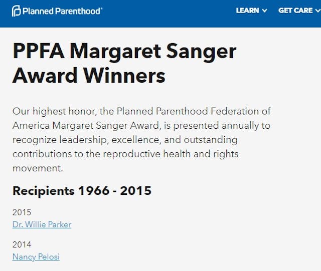 Image: Margaret Sanger Award given out by Planned Parenthood (Screen Planned Parenthood website Nov 13, 2018)