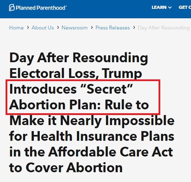 Image: Planned Parenthood calls Trump HHS rule change secret plan (Image: PPFA Website)