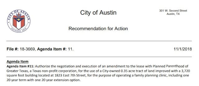 Austin City Council to lease to Planned Parenthood for one dollar (Image: City of Austin Council Notes) Image: Austin City Council to lease to Planned Parenthood for one dollar (Image: City of Austin Council Notes)