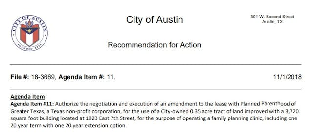 Image: Austin City Council to lease to Planned Parenthood for one dollar (Image: City of Austin Council Notes)