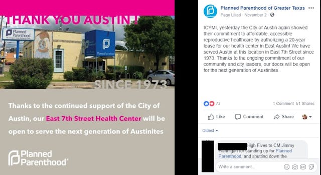 Image: Planned Parenthood celebrates City of Austin decision (Image: Facebook)
