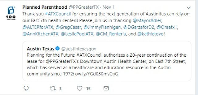 Planned Parenthood thanks City of Austin for cheap rent (Image Twitter) Image: Planned Parenthood thanks City of Austin for cheap rent (Image Twitter)