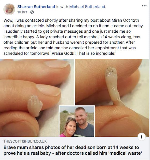 Sharran Sutherland Facebook post miscarried, miscarriage, 14 weeks