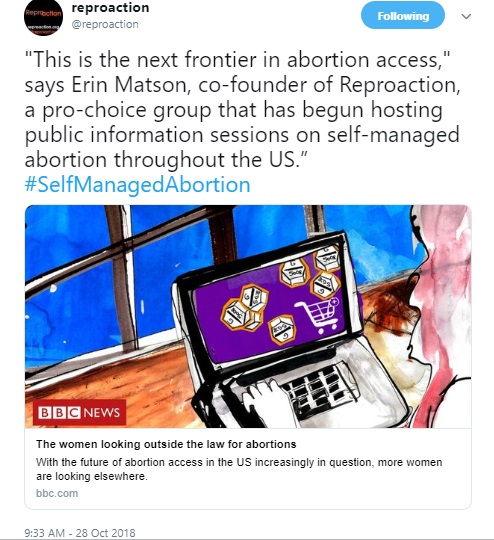 Image: Reproaction calls Self Managed abortion "next frontier in abortion access." (Image: Twitter)