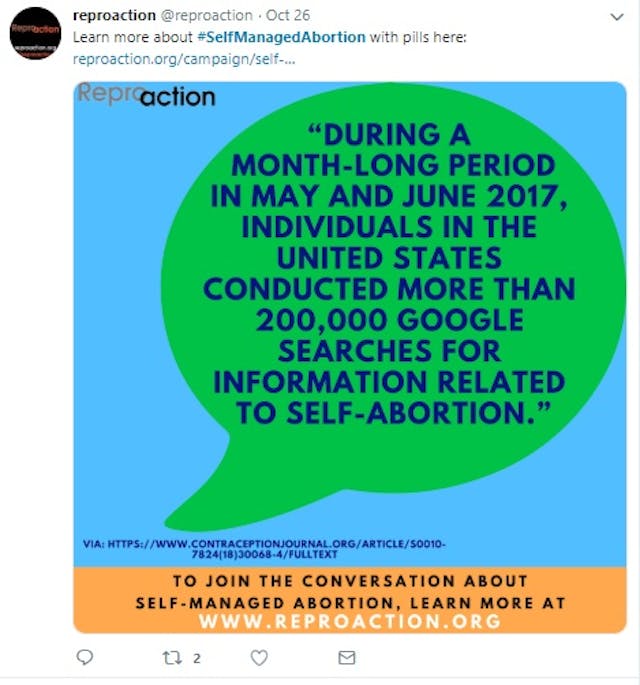 Reproaction tweets self managed abortion (Image: Twitter) Image: Reproaction tweets self managed abortion (Image: Twitter)