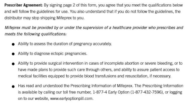 Image: Prescriber agreement of abortion pill under REMS, (Image credit FDA)