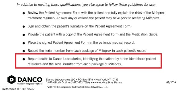 REMS requires DANCO to report abortion pill deaths (Image credit: Prescriber Agreement, DANCO) Image: REMS requires DANCO to report abortion pill deaths (Image credit: Prescriber Agreement, DANCO)