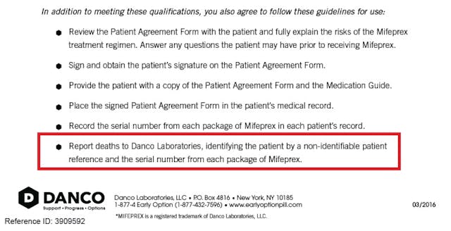 Image: REMS requires DANCO to report abortion pill deaths (Image credit: Prescriber Agreement, DANCO)