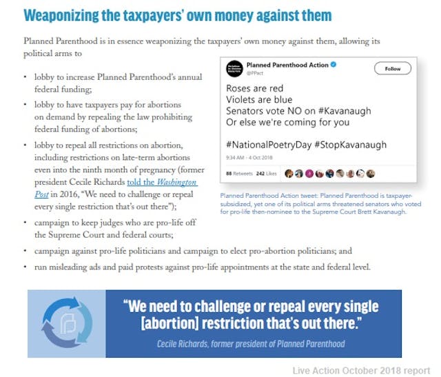 Image: Planned Parenthood weaponizing taxpayer's money against them (Image: Oct 2018 Live Action report)