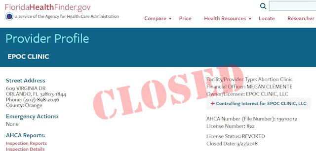 Image: EPOC abortion facility closed (Image credit: ACHA)