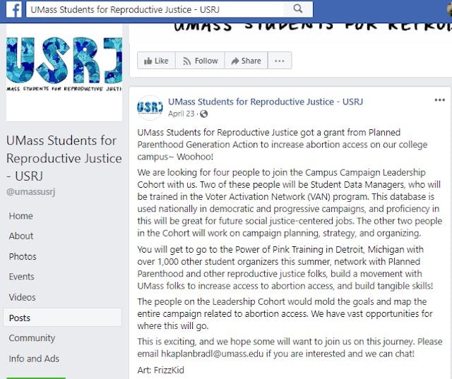 Image: UMass students for Reproductive Justice announcement (Image credit: Facebook)