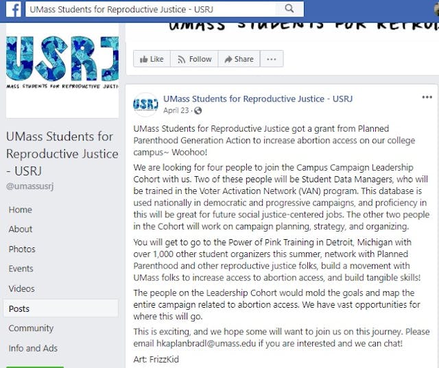 Image: UMass students for Reproductive Justice announcement (Image credit: Facebook)